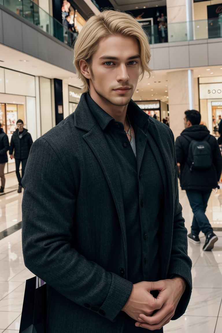 raw photo of beautiful handsome men blonde hair ,solo ,mall
