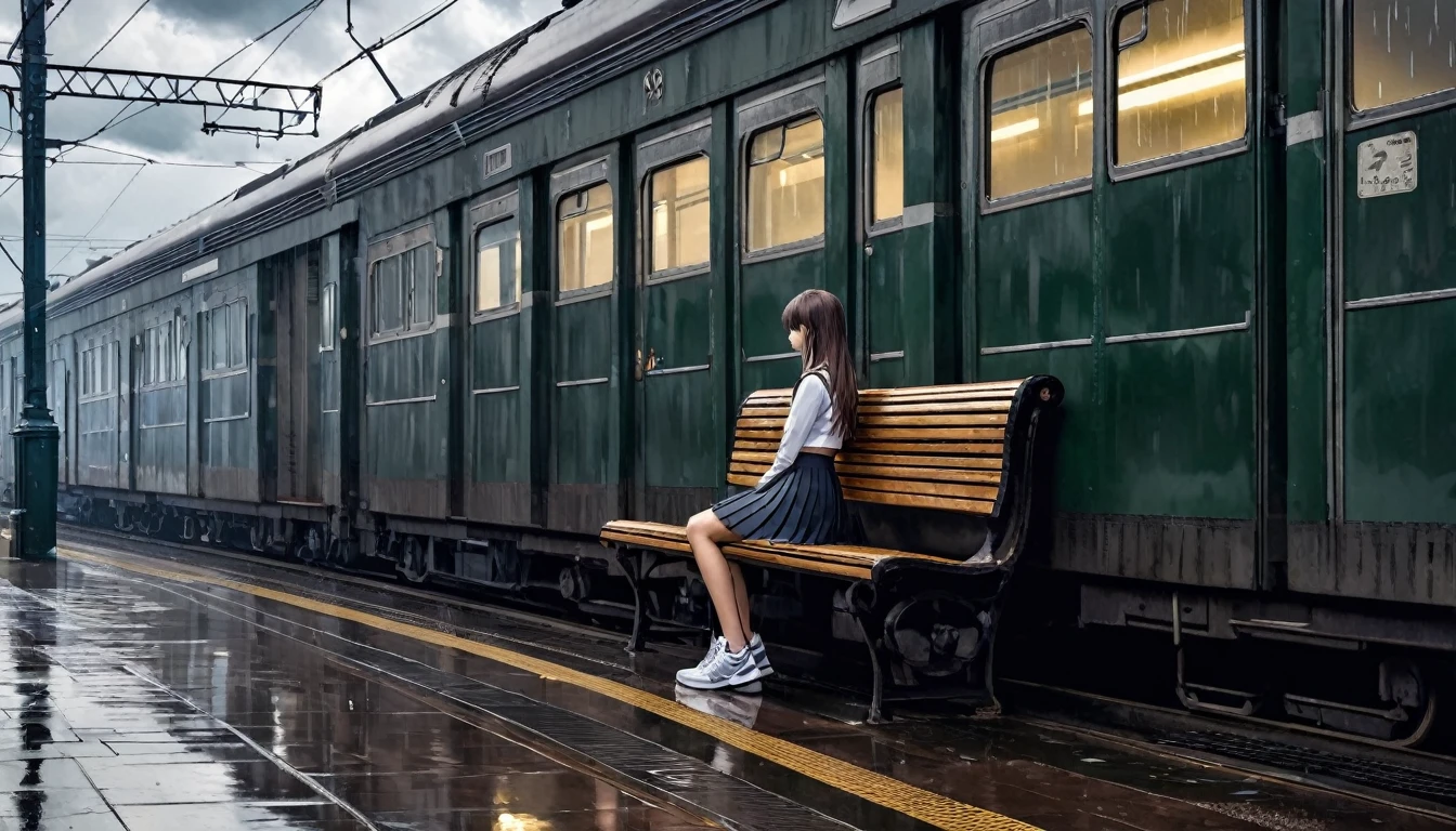 Ultra high definition photo. The sky is cloudy and full of dark clouds. It's dark like a place where it's going to rain. At an old train station, a girl sits lonely on her bench. Her hair is flying. The girl is wearing her pleated skirt and her bb sneakers. You can see the back of the train that has just passed. Close-up side shot of a girl