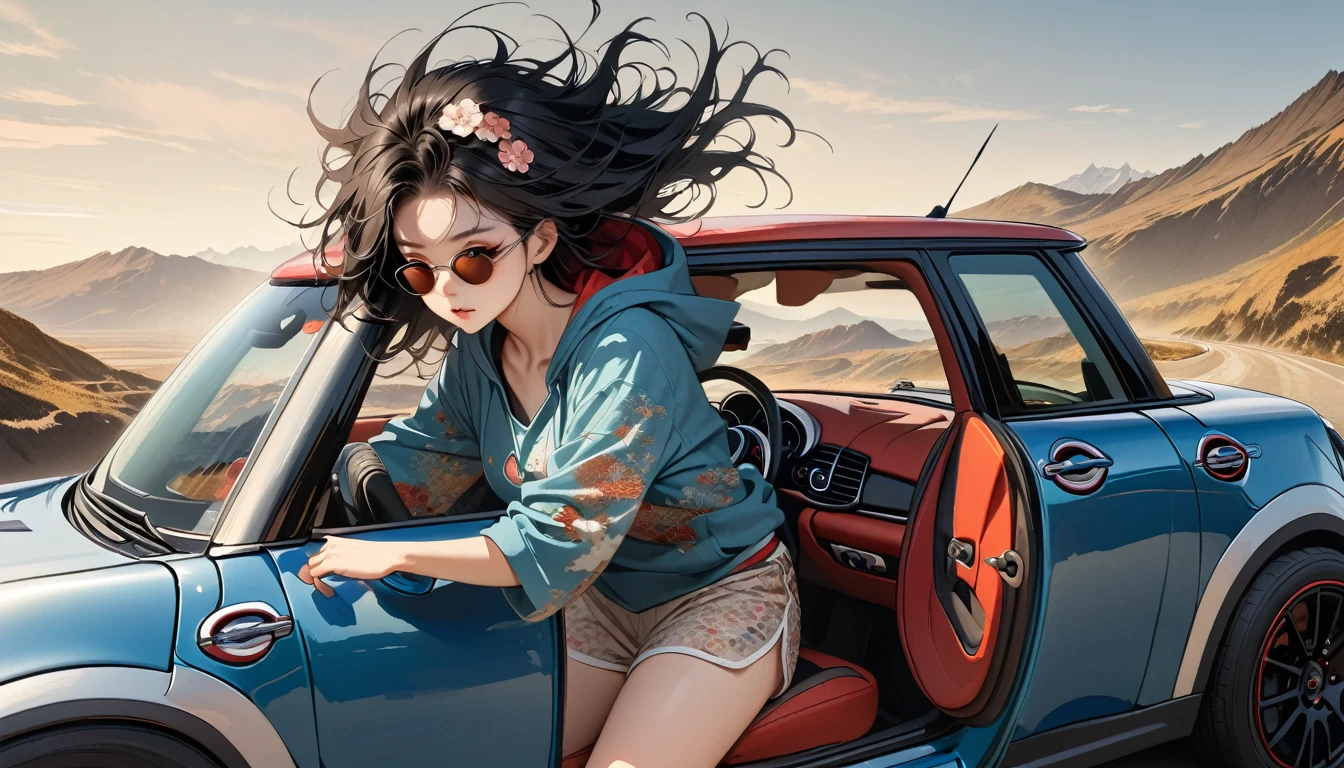 ((8k of extremely detailed CG unit, Masterpiece, high resolution, highest quality, highest quality real texture skin)), (wearing Japanese pattern headphones), ((1 girl)), (((Driving a Mini Cooper))), (((sunglasses))), (Japanese pattern hoodie, Japanese-style shorts), (Black hair, messy hair, beige skin), (surreal, digital painting)