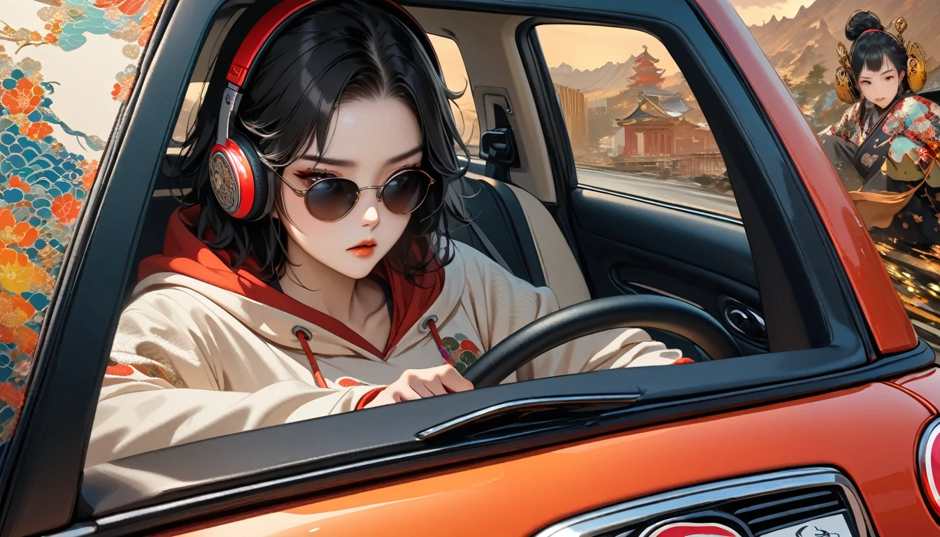 ((8k of extremely detailed CG unit, Masterpiece, high resolution, highest quality, highest quality real texture skin)), (wearing Japanese pattern headphones), ((1 girl)), (((Driving a Mini Cooper))), (((sunglasses))), (Japanese pattern hoodie, Japanese-style shorts), (Black hair, messy hair, beige skin), (surreal, digital painting)