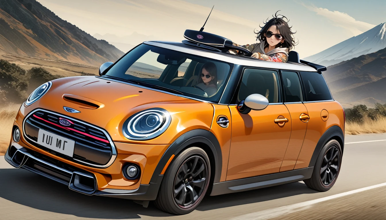 ((8k of extremely detailed CG unit, Masterpiece, high resolution, highest quality, highest quality real texture skin)), (wearing Japanese pattern headphones), ((1 girl)), (((Driving a Mini Cooper))), (((sunglasses))), (Japanese pattern hoodie, Japanese-style shorts), (Black hair, messy hair, beige skin), (surreal, digital painting)