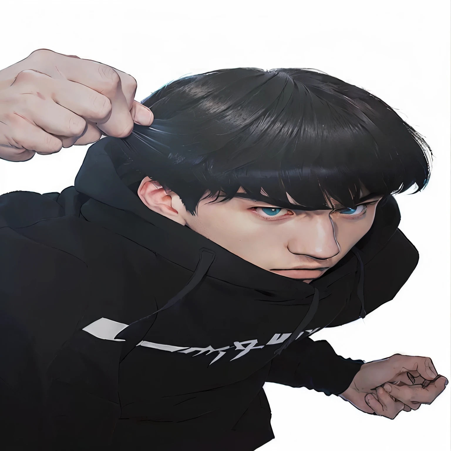  boy with black hoodie and fist in hand, trigger anime artstyle, manhwa, kentaro miura manga art style, high quality fanart, official art, high quality anime artstyle, male anime style, kentaro miura manga style, mob psycho 100, menacing look, sankakucomplex anime image, tall anime guy with blue eyes