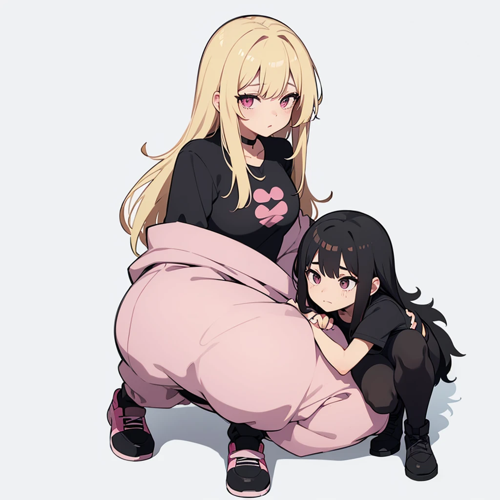 a boku no hero style character with black hair with blonde highlights, bangs, pink and black eyes, half dog seated