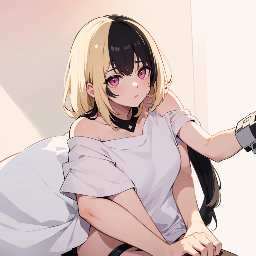 (masterpiece、top-quality、hight resolution、Unity 8k Wallpaper、extremely details CG:1), In a dimly lit hotel room, a man sits on the edge of the bed, looking shocked and uncomfortable. Standing in front of him is a woman dressed as an escort, who he quickly recognizes as the delinquent girl who used to bully him in school. Her expression is a mix of surprise and amusement as she realizes who he is. She stands with one hand on her hip and a teasing smile on her face, clearly enjoying his discomfort. The room is simple, with a bed, nightstand, and dim lighting, creating an intimate yet tense atmosphere. The focus is on their facial expressions and body language, highlighting the awkward and unexpected reunion. nsfw