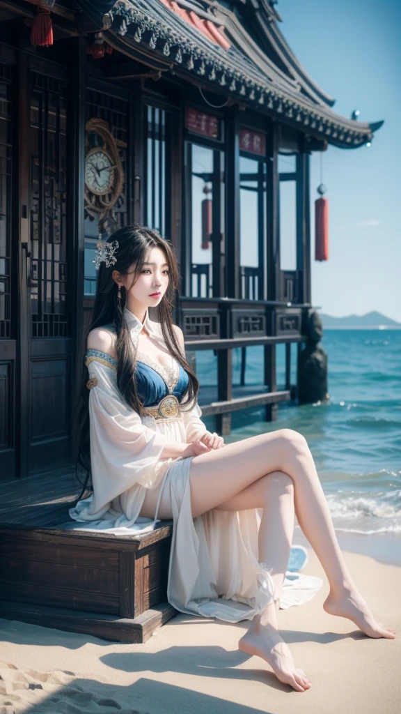 A woman sitting on the beach,Holding a clock in hand, Queen of the Sea Mu Yanling, Beautiful digital art work, 4K Fine Digital Art, beautiful fantasy queen, 8k high quality detailed art, Fantasy Beauty, author:Yang Jie, Beautiful and gorgeous digital art, guweiz, Artwork in the style of Guweiz, Beautiful fantasy art, Chinese Fantasy