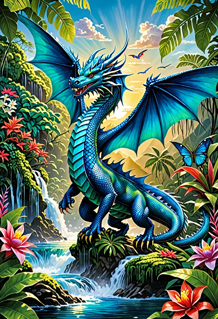 A vibrant dragon embodies the spirit of Fiji, with scales reflecting the rich flora and fauna of the islands. The dragon's form intertwines with lush rainforests and cascading waterfalls, with flowers blooming along its back. It soars above the azure waters and coral reefs, its wings casting shimmering reflections of the sun. The scene is alive with the vibrant energy of traditional Fijian culture and natural beauty, creating a dynamic and captivating visual