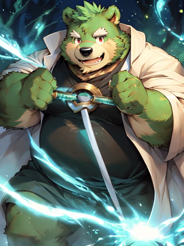 anthro, kemono, male, solo, ((round face, very plump face, thick beard)), ((endomorph body type, old-aged)), (adventure costume), ((green bear, bear) fluffy fur, fluffy), (at old ruin, dungeons), bokeh, (high quality, highres, masterpiece), (dynamic lighting, vivid color), (generous smile), (face focus), front view (close up), cartoon, (((green bear))), (((green fur))), green hair, beard, white eyebrows, bald, detailed red eyes, tall, mage staff, magic, (black t-shirt inside), (((white unhooded trench coat ))), by zixiong, by takemoto arashi, by zixiong, (by null-ghost:0.8), (by t.y.stars:0.4)
