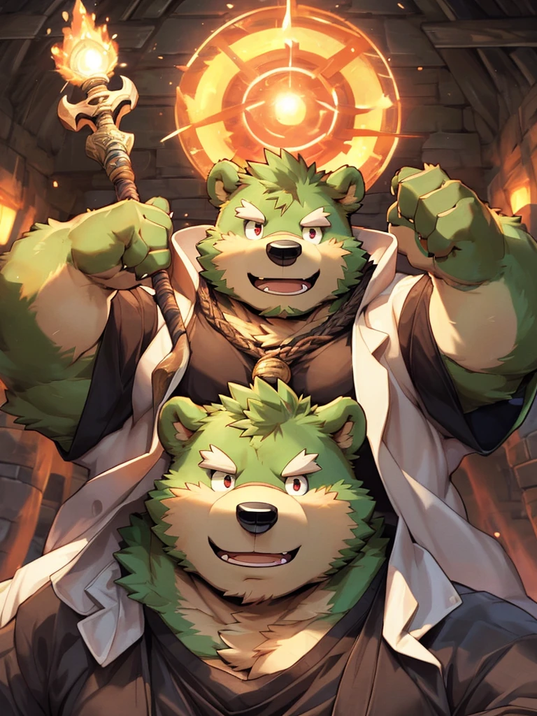 anthro, kemono, male, solo, ((round face, very plump face, thick beard)), ((endomorph body type, old-aged)), (adventure costume), ((green bear, bear) fluffy fur, fluffy), (at old ruin, dungeons), bokeh, (high quality, highres, masterpiece), (dynamic lighting, vivid color), (generous smile), (face focus), front view (close up), cartoon, (((green bear))), (((green fur))), green hair, beard, white eyebrows, bald, detailed red eyes, tall, mage staff, magic, (black t-shirt inside), (((white unhooded trench coat ))), by zixiong, by takemoto arashi, by zixiong, (by null-ghost:0.8), (by t.y.stars:0.4)