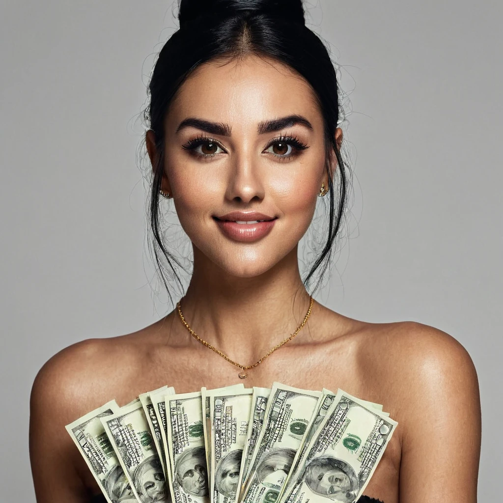 bearded woman beautiful shaggy beard, black hair, brown eyes, eyeliner, proud smile, seductive look, hold a load of dollar bills