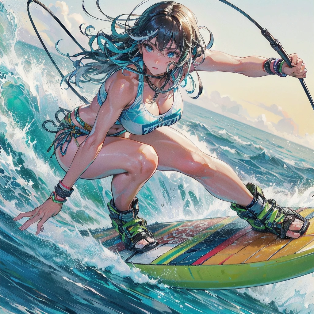 masterpiece, (textured skin), best quality, gorgeous beautiful girl, (a female surfing athlete), detailed clothes,large breasts,narrow waist,, (beautiful face), cinematic lighting, (at surfing venue ),