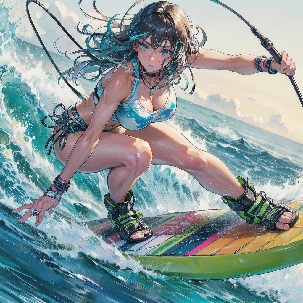  masterpiece, (textured skin), best quality, gorgeous beautiful girl, (a female surfing athlete), detailed clothes,large breasts,narrow waist,, (beautiful face), cinematic lighting, (at surfing venue ),