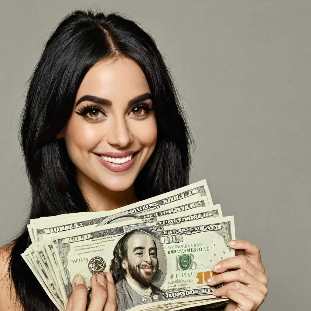 bearded woman beautiful shaggy beard, black hair, brown eyes, eyeliner, proud smile, seductive look, hold a load of dollar bills