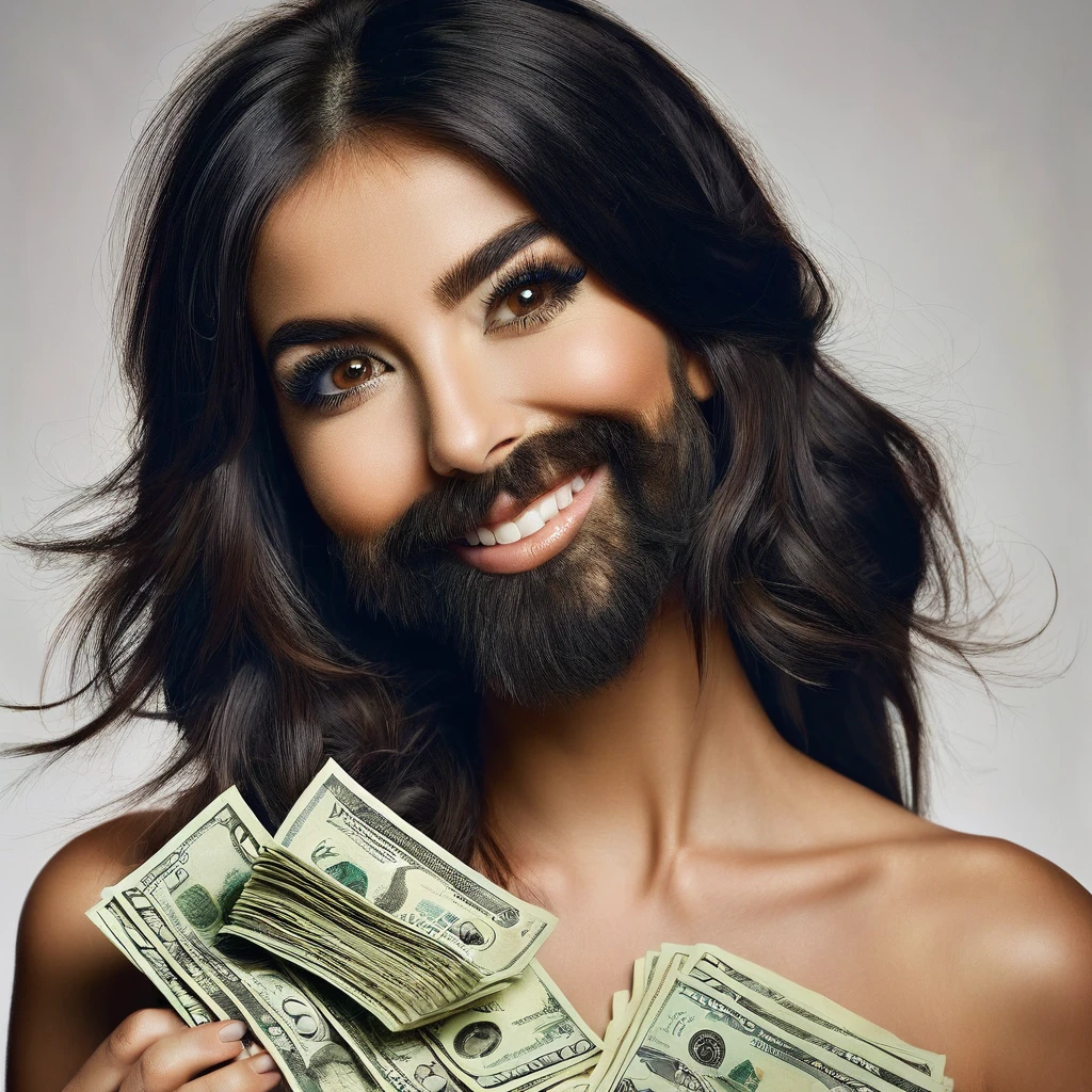 bearded woman beautiful shaggy beard, black hair, brown eyes, eyeliner, proud smile, seductive look, hold a load of dollar bills