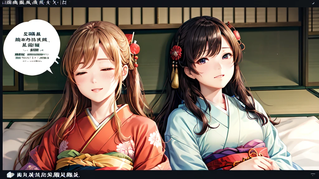 masterpiece, Highest quality, Highest quality, masterpiece, High resolution, concentrated,Japan,Japanese,Japan,Japanese style,Waka,Chihayafuru,words,vocabulary,Sleep,Sleep学習,Twelve-layered kimono,No text,Two people,,No speech bubble