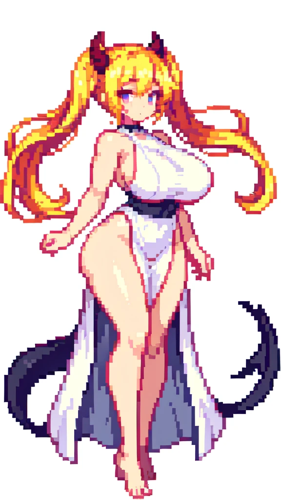 ass focus,devil,barefoot,{{lift one leg}},{{very muscular}},{{very gigantic breasts}} ,{{very curvy}} , ,masterpiece , best quality , pixel art , 1 girl ,{full body},  voluptuous ,twintails,blonde hair ,white dress,white background 