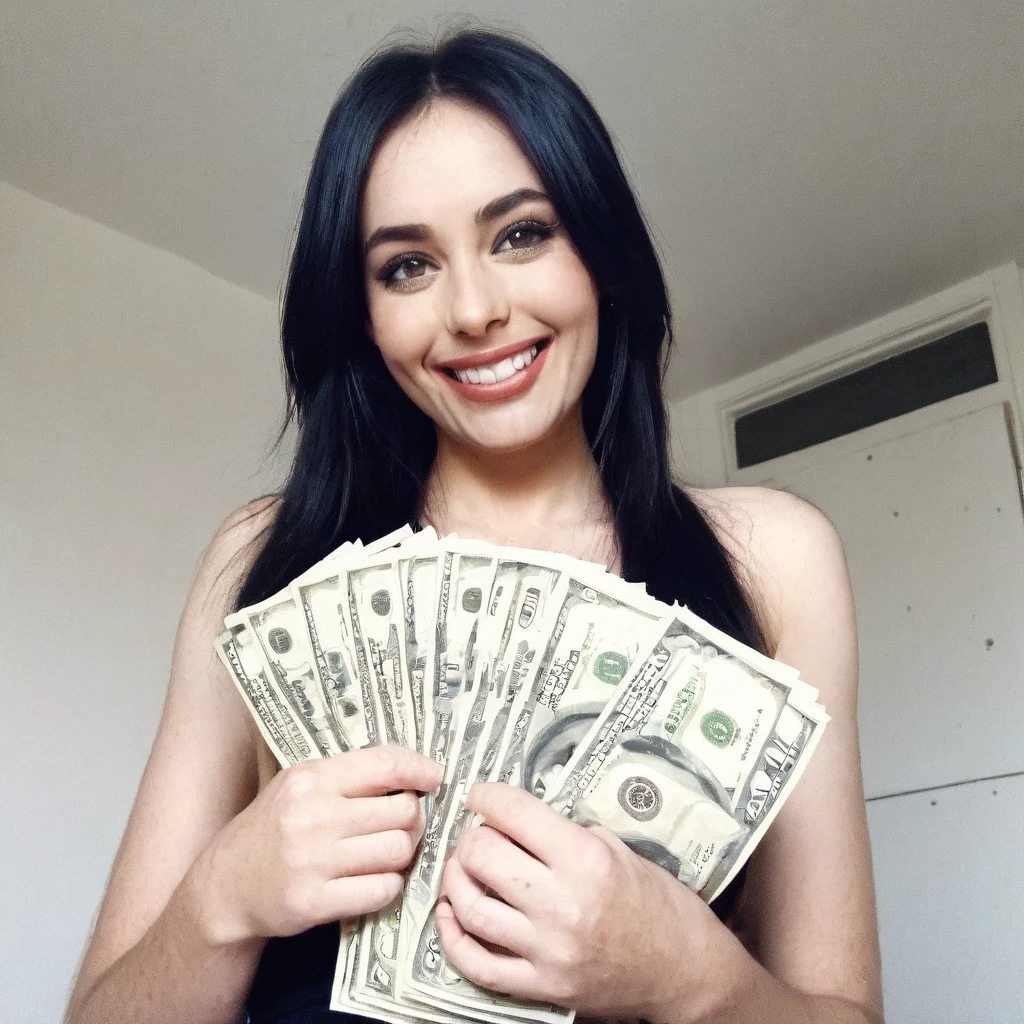 bearded woman beautiful shaggy beard, black hair, brown eyes, eyeliner, proud smile, seductive look, hold a load of dollar bills