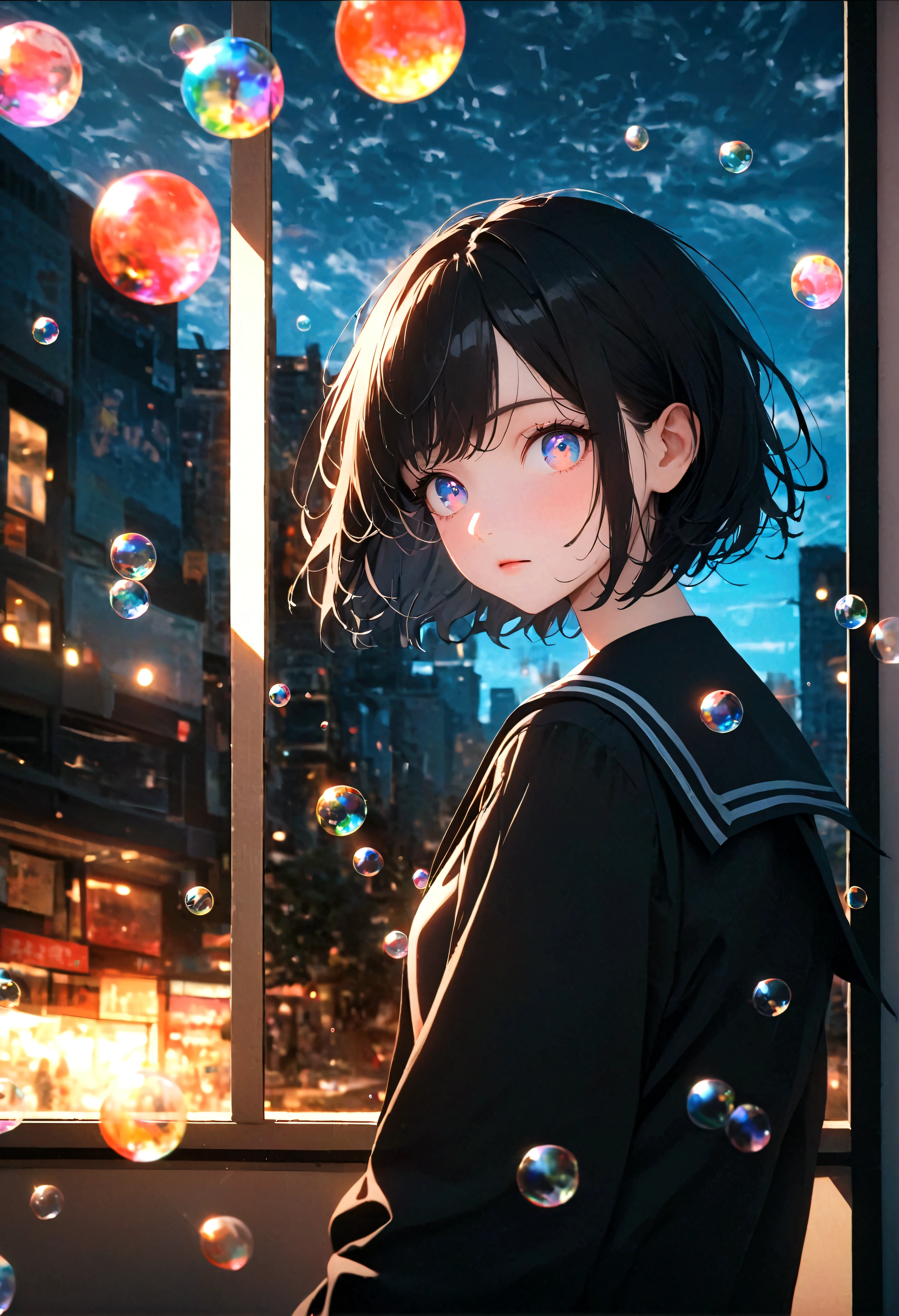 (woman\(, 15 yearhort hair,Black Hair, Floating Hair, Space-colored eyes, Black sailor suit\(Of high school\), Pale skin, Tired face, No shine in the eyes\) Looking up at the sky), (Many goldfish are swimming in the air), Beautiful sky, Beautiful Clouds, Colorful summer flowers are blooming everywhere., (Transparent bubbles shine like prisms here and there in the sky), The midday moon and the midday star shine in the sky, woman is at messy downtown, break ,quality\(8K,非常に精細なCGユニットのwallpaper, masterpiece,High resolution,top-quality,top-quality real texture skin,Surreal,Increase the resolution,RAW Photos,最高quality,Very detailed,wallpaper,Cinema Lighting,Ray-tracing,Golden Ratio\),(Long Shot),Wide Shot,
