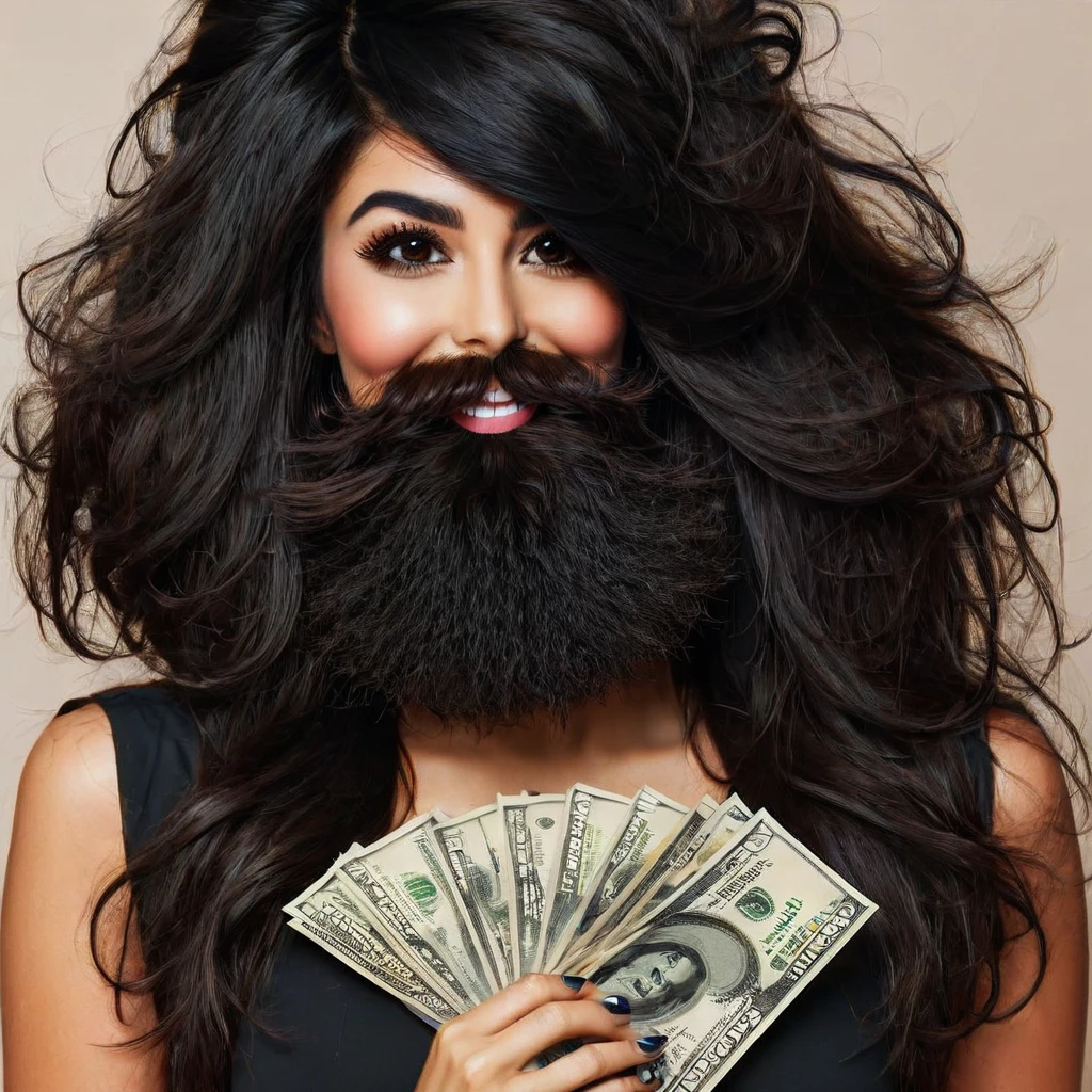 bearded woman beautiful shaggy beard, black hair, brown eyes, eyeliner, proud smile, seductive look, hold a load of dollar bills