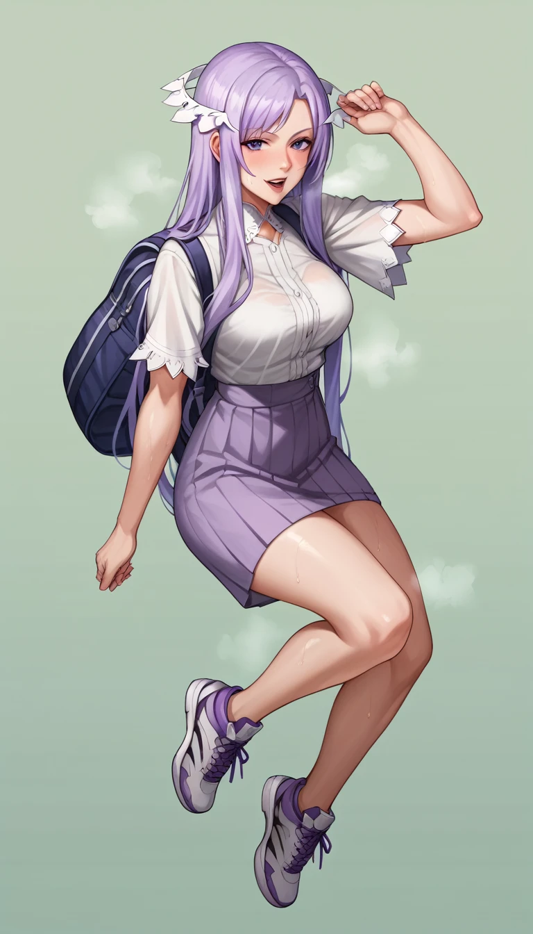 score_9, score_8_up, score_7_up, score_6_up, uncensored, quinella, absurdly long hair, purple eyes, smirk, upper teeth, long hair, parted bangs, purple hair, very long hair, hair ornament, horny face, blush face, lips, naughty face, shiny skin, sweating, steaming body, saliva, curvy, voluptuous, heavy breathing, large breasts, detailed body, detailed eyes, thighs, pin up model pose, green fields background, carrying backpacks, high sneakers, anime screencap, anime coloring