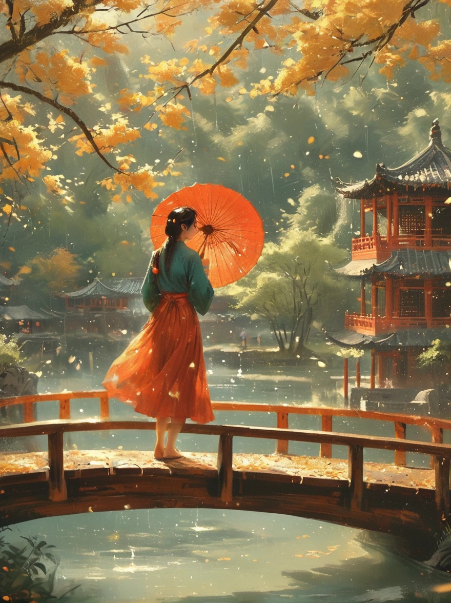 （Best quality，8K，high resolution，masterpiece:1.2），Ultra Detail，（lifelike，Photorealism，Photorealism:1.37），(Girl holding an oil-paper umbrella:1.3)，Girls Focus，Close shot，Stand on a small bridge，Running Water，Ancient Town，Jiangnan Scenery，antique，Spring rain，light rain，beauty，beauty细致的眼睛，beauty细致的嘴唇，Extremely detailed eyes and face，Long eyelashes，Chinese traditional clothing，Chinese Architecture，illustration，The image is bright，rich and colorful，Fine details