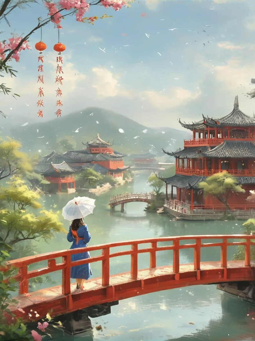 （Best quality，8K，high resolution，masterpiece:1.2），Ultra Detail，（lifelike，Photorealism，Photorealism:1.37），(Girl holding an oil-paper umbrella:1.3)，Girls Focus，Close shot，Stand on a small bridge，Running Water，Ancient Town，Jiangnan Scenery，antique，Spring rain，light rain，beauty，beauty细致的眼睛，beauty细致的嘴唇，Extremely detailed eyes and face，Long eyelashes，Chinese traditional clothing，Chinese Architecture，illustration，The image is bright，rich and colorful，Fine details