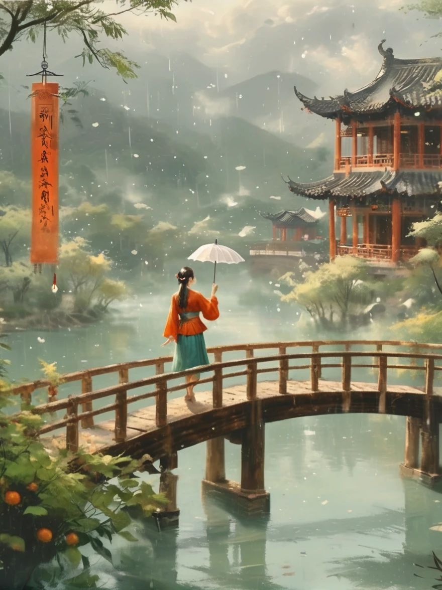 （Best quality，8K，high resolution，masterpiece:1.2），Ultra Detail，（lifelike，Photorealism，Photorealism:1.37），(Girl holding an oil-paper umbrella:1.3)，Girls Focus，Close shot，Stand on a small bridge，Running Water，Ancient Town，Jiangnan Scenery，antique，Spring rain，light rain，beauty，beauty细致的眼睛，beauty细致的嘴唇，Extremely detailed eyes and face，Long eyelashes，Chinese traditional clothing，Chinese Architecture，illustration，The image is bright，rich and colorful，Fine details