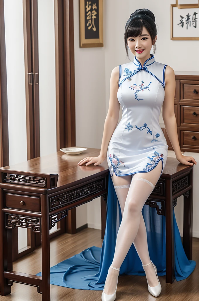Masterpiece, best, 1 female, blue clothes, blue cheongsam, full body photo, ancient Chinese style, white cloth bun bun, black hair, shoulders, , slender legs, smile, white pantyhose, pantyhose lace side, white , pale pink lips, embroidered dress