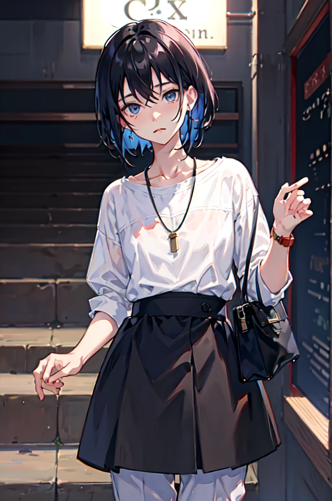 1boy, apple, bag, bangs, berry, black hair, black shirt, blue eyes, hair between eyes, jewelry, leaf, looking at viewer, male focus, necklace, pants, shirt, solo, watch, white pants, wristwatch, messy hair, trending on artstation, 8k resolution, highly detailed, anatomically correct, sharp image, digital painting, concept art, trending on pixiv, style of makoto shinkai,