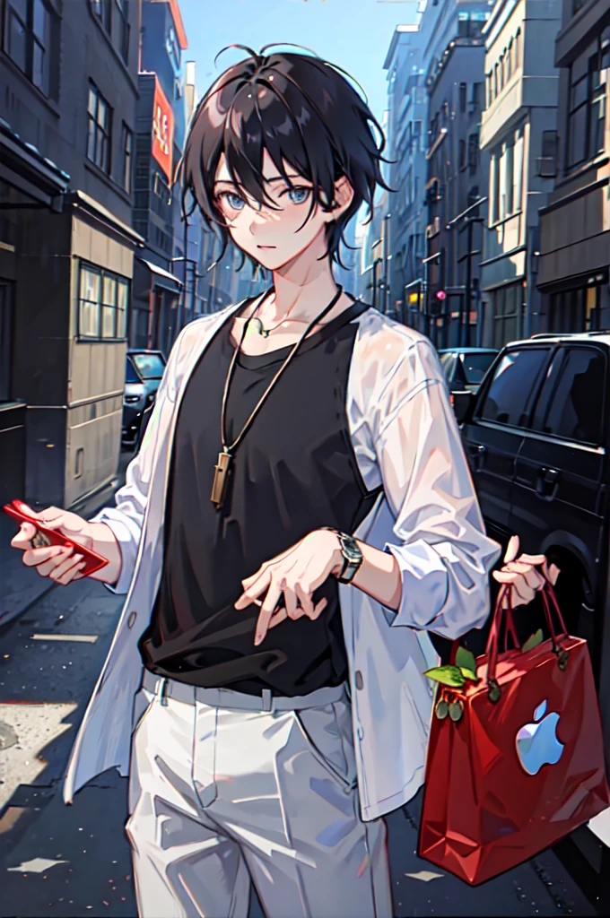 1boy, apple, bag, bangs, berry, black hair, black shirt, blue eyes, hair between eyes, jewelry, leaf, looking at viewer, male focus, necklace, pants, shirt, solo, watch, white pants, wristwatch, messy hair, trending on artstation, 8k resolution, highly detailed, anatomically correct, sharp image, digital painting, concept art, trending on pixiv, style of makoto shinkai,
