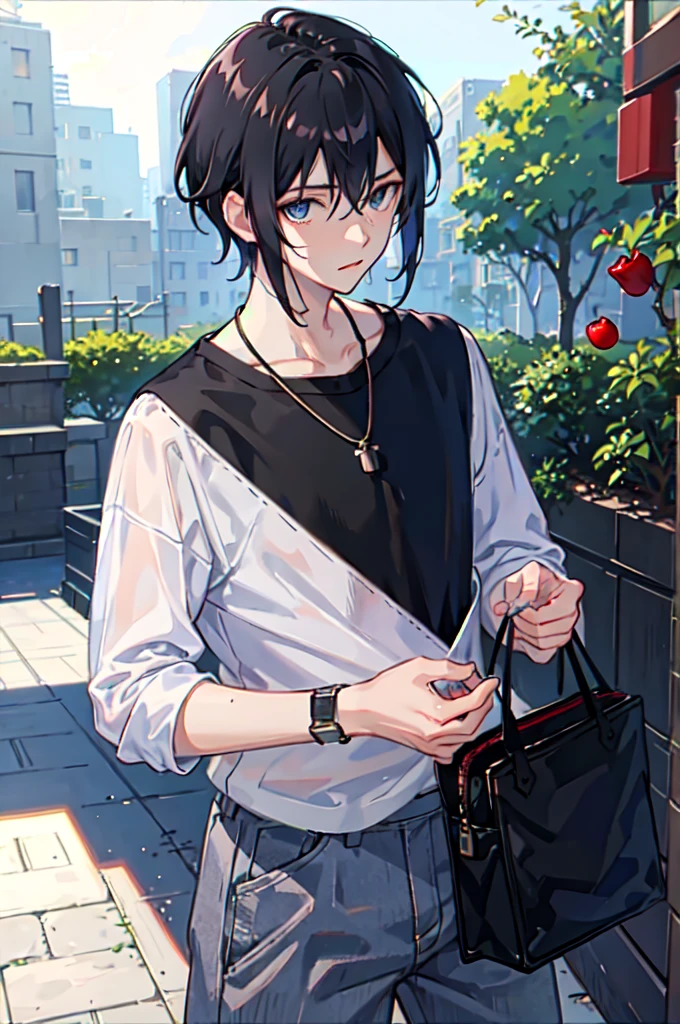 1boy, apple, bag, bangs, berry, black hair, black shirt, blue eyes, hair between eyes, jewelry, leaf, looking at viewer, male focus, necklace, pants, shirt, solo, watch, white pants, wristwatch, messy hair, trending on artstation, 8k resolution, highly detailed, anatomically correct, sharp image, digital painting, concept art, trending on pixiv, style of makoto shinkai,