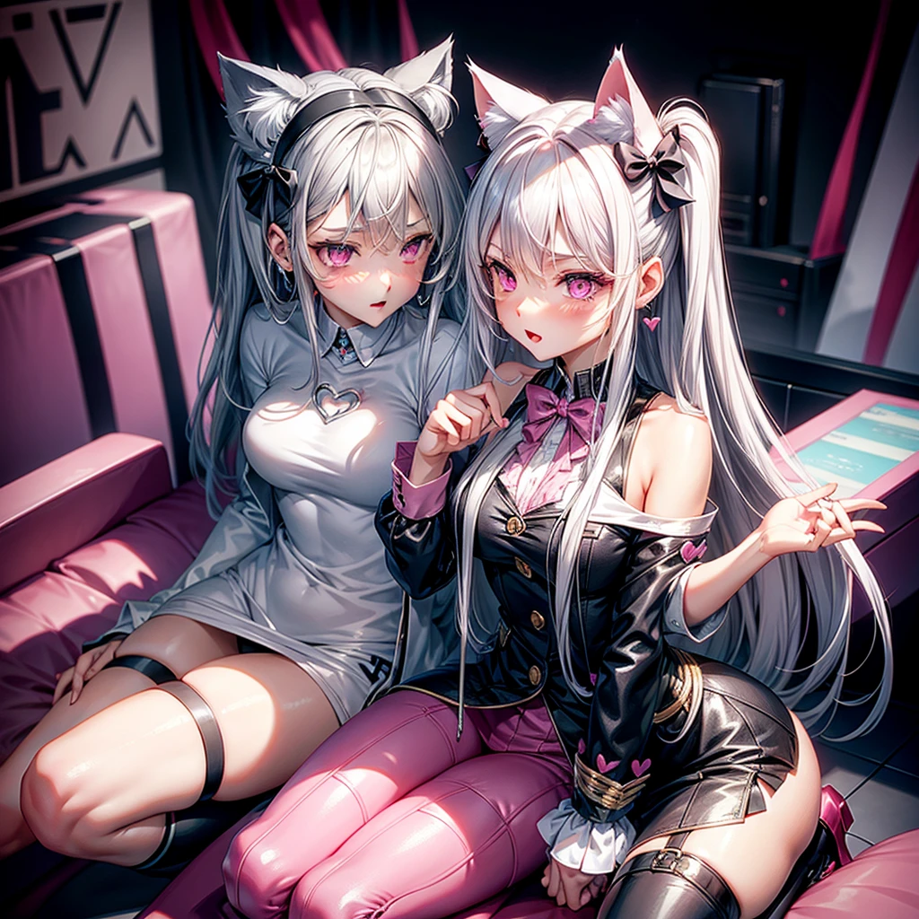 Silver hair, pink eyes, body, cat ears, sexy girl, earrings, heart fantasy background, uniform, hair bows, sit down