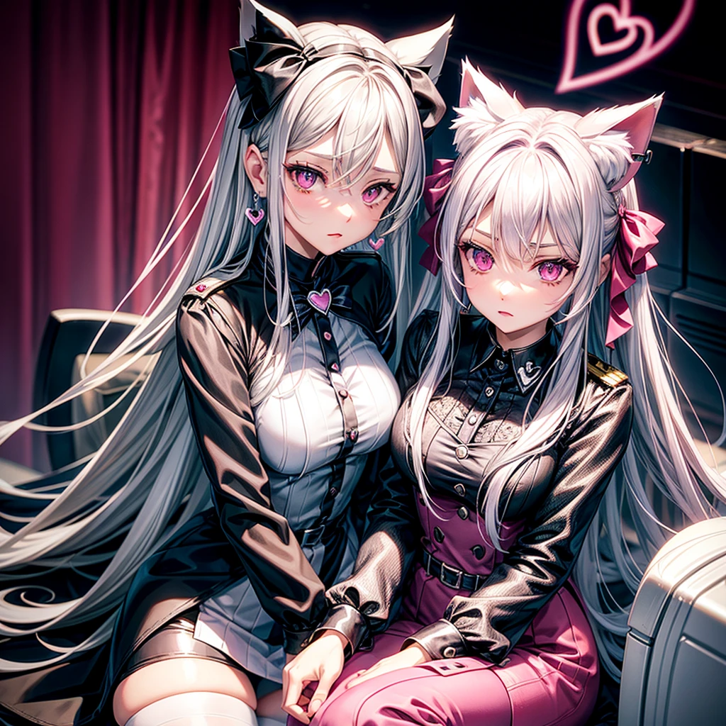 Silver hair, pink eyes, body, cat ears, sexy girl, earrings, heart fantasy background, uniform, hair bows, sit down