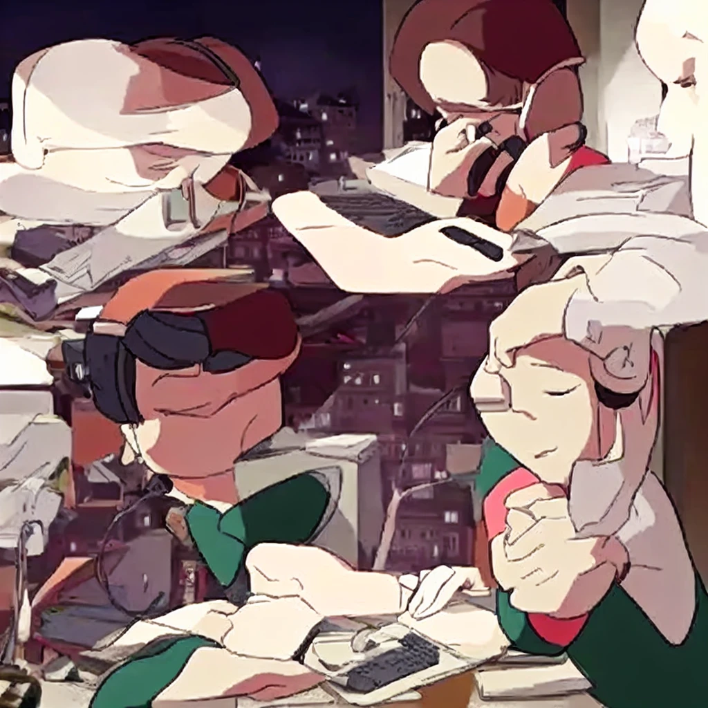 Cartoon character sitting at a desk with a laptop and headphones, praise girl, praise artstyle, praise art, praise girl aesthetic, praise feel, praise hip hop, praise portrait, praise colors, praise vibes, praise aesthetic, praise vibe, praise, Lo-fi art, Chihiro! fujisaki