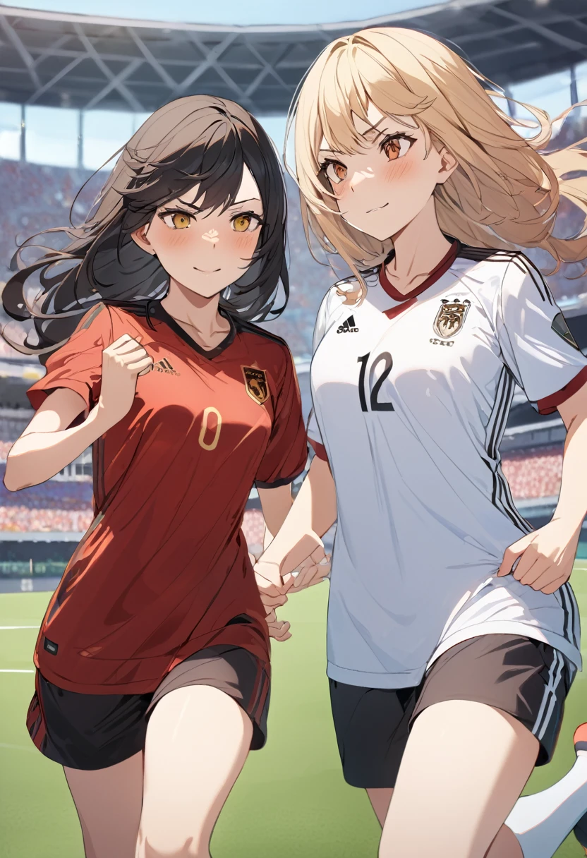 (award winning, 8k, super detailed, high resolution, best quality) , illustration about football, (two girls), girl on the left with blonde hair in ((spain soccer uniform)) and smirk expression, girl on the right with black hair in ((germany soccer uniform)) and (timid expression), (running side by side), ((beautiful girls)), football stadium, fighting spirit.