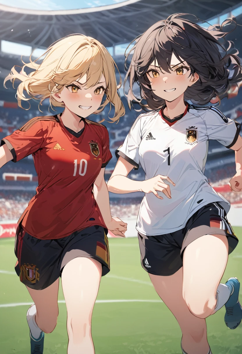 (award winning, 8k, super detailed, high resolution, best quality) , illustration about football, (two girls), girl on the left with blonde hair in ((spain soccer uniform)) and smirk expression, girl on the right with black hair in ((germany soccer uniform)) and (timid expression), (running side by side), ((beautiful girls)), football stadium, fighting spirit.
