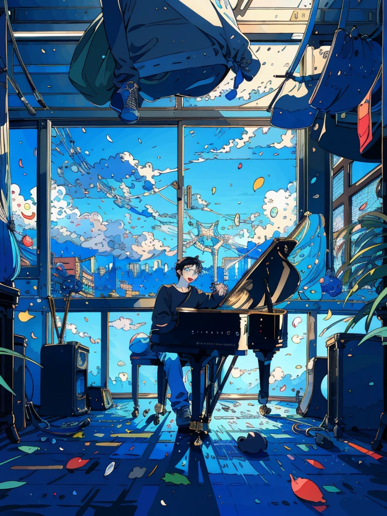 (masterpiece:1.2), best quality,PIXIV,fairy tale style, 19 years old, boy, black hair, blue eyes, indifferent, window, sitting inside of an classroom, With musicians playing piano


