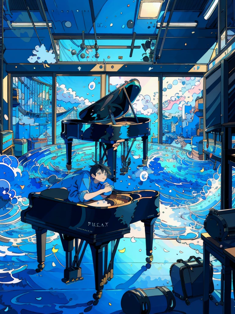 (masterpiece:1.2), best quality,PIXIV,fairy tale style, 19 years old, boy, black hair, blue eyes, indifferent, window, sitting inside of an classroom, With musicians playing piano


