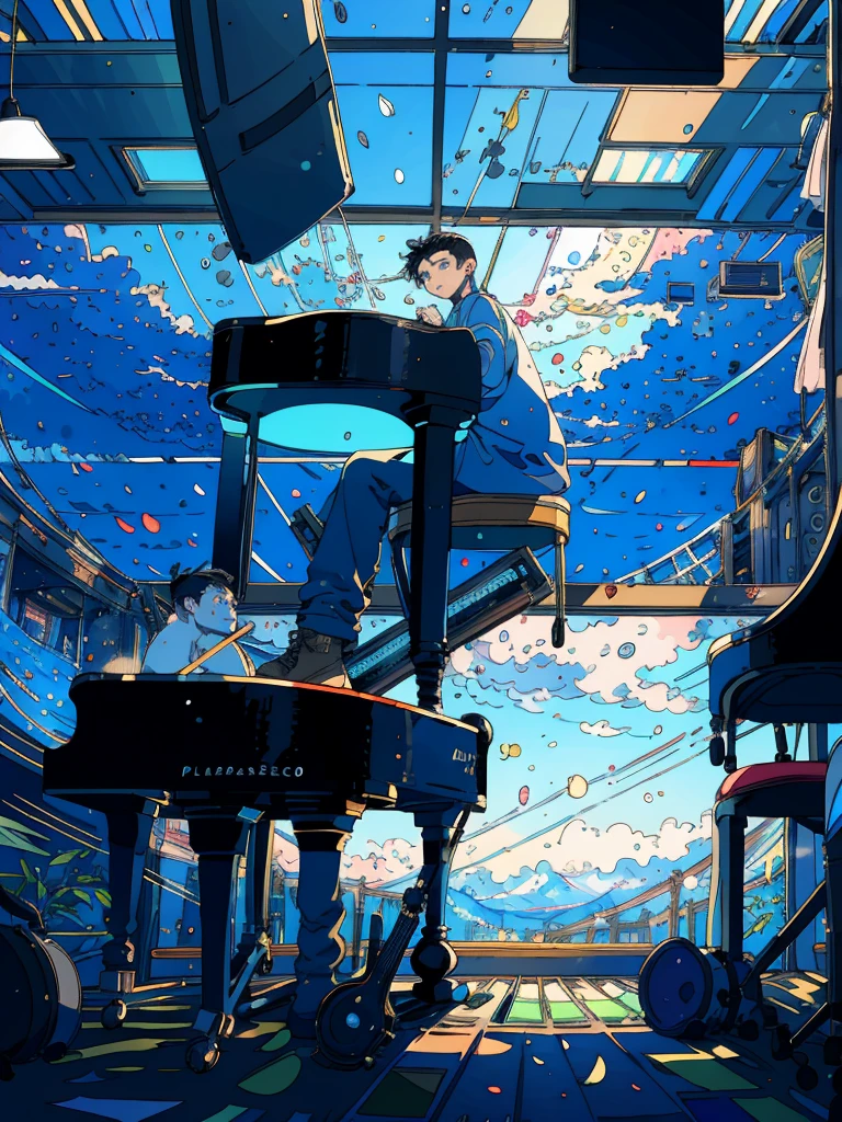 (masterpiece:1.2), best quality,PIXIV,fairy tale style, 19 years old, boy, black hair, blue eyes, indifferent, window, sitting inside of an classroom, With musicians playing piano


