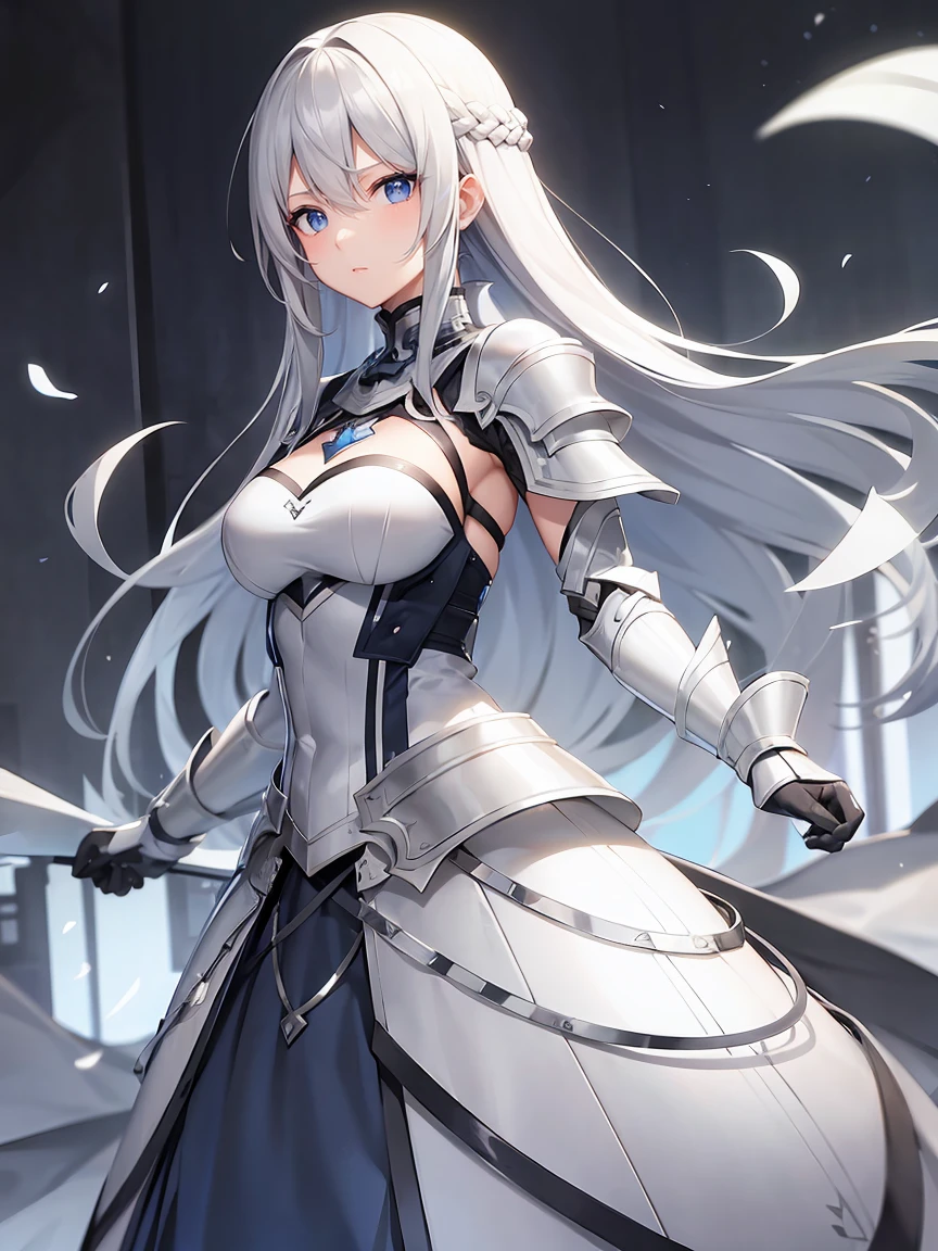 Gray hair straight long、Blue Eyes、One Woman、solo、White Knight、Silver Armor、、Rin々Shii、Focus on the Opponent
