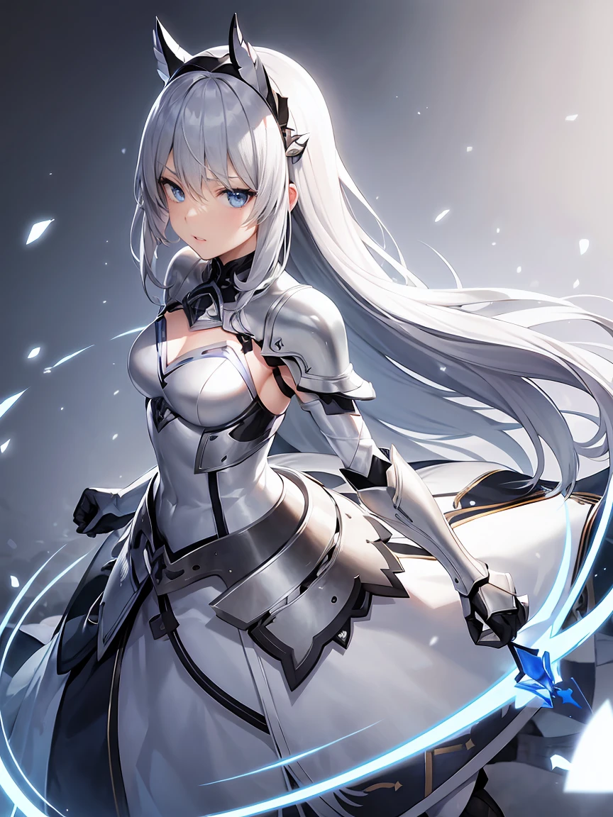 Gray hair straight long、Blue Eyes、One Woman、solo、White Knight、Silver Armor、、Rin々Shii、Focus on the Opponent
