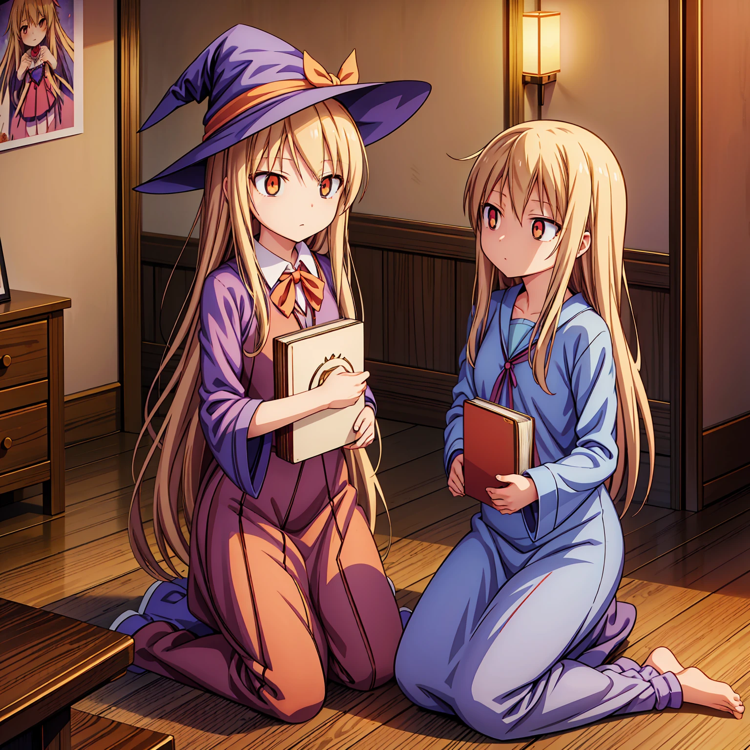 Anime girl, Shiina Mashiro, Mashiro, Anime Sakurasou, long blonde hair, orange eyes, unimpressive, , witch outfit, magic book, Wooden room, Pictures, posters