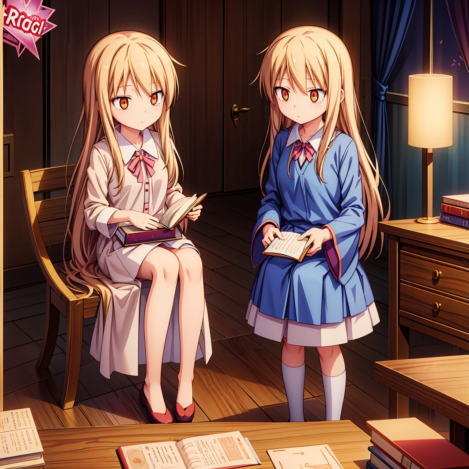 Anime girl, Shiina Mashiro, Mashiro, Anime Sakurasou, long blonde hair, orange eyes, unimpressive, , witch outfit, magic book, Wooden room, Pictures, posters