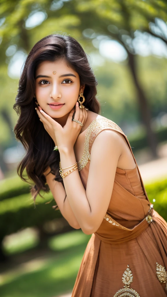a beautiful young indian women,wearing desinger dress,brown dress,beautiful natural face,beautiful eyes,beautiful nose, beautiful natural skin,bracelet in the hand,earring,pendant,full body image,elegant pose,8k resolution,park background,realistic