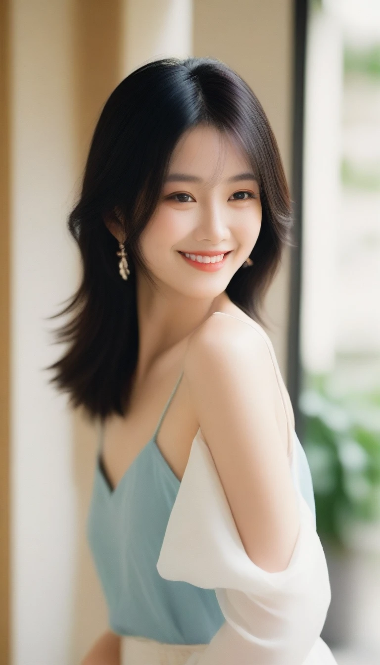 A realistic digital portrait of a 30-something Japanese woman with medium-length wavy black hair and dark brown eyes, fair skin. She has a bright, friendly smile and is in a relaxed, natural pose. She is wearing simple, elegant casual clothing in pastel or natural colors. The background is a well-lit indoor setting or an outdoor scene like a park or cafe, kept simple to keep the focus on her. The overall atmosphere should emphasize her cleanliness, approachability, and the refined, understated charm typical of a Japanese actress.