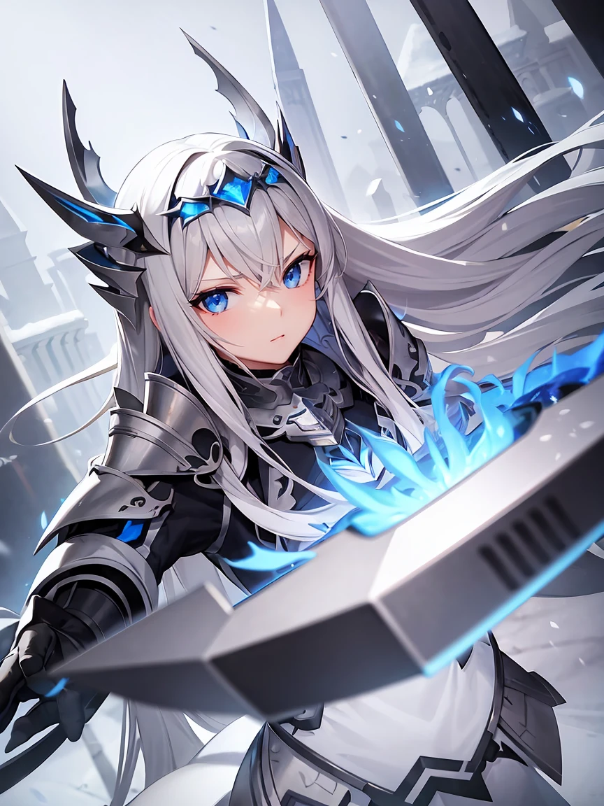 Gray hair straight long、Blue Eyes、One Woman、solo、White Knight、Silver Armor、、Rin々Shii、Focus on the Opponent