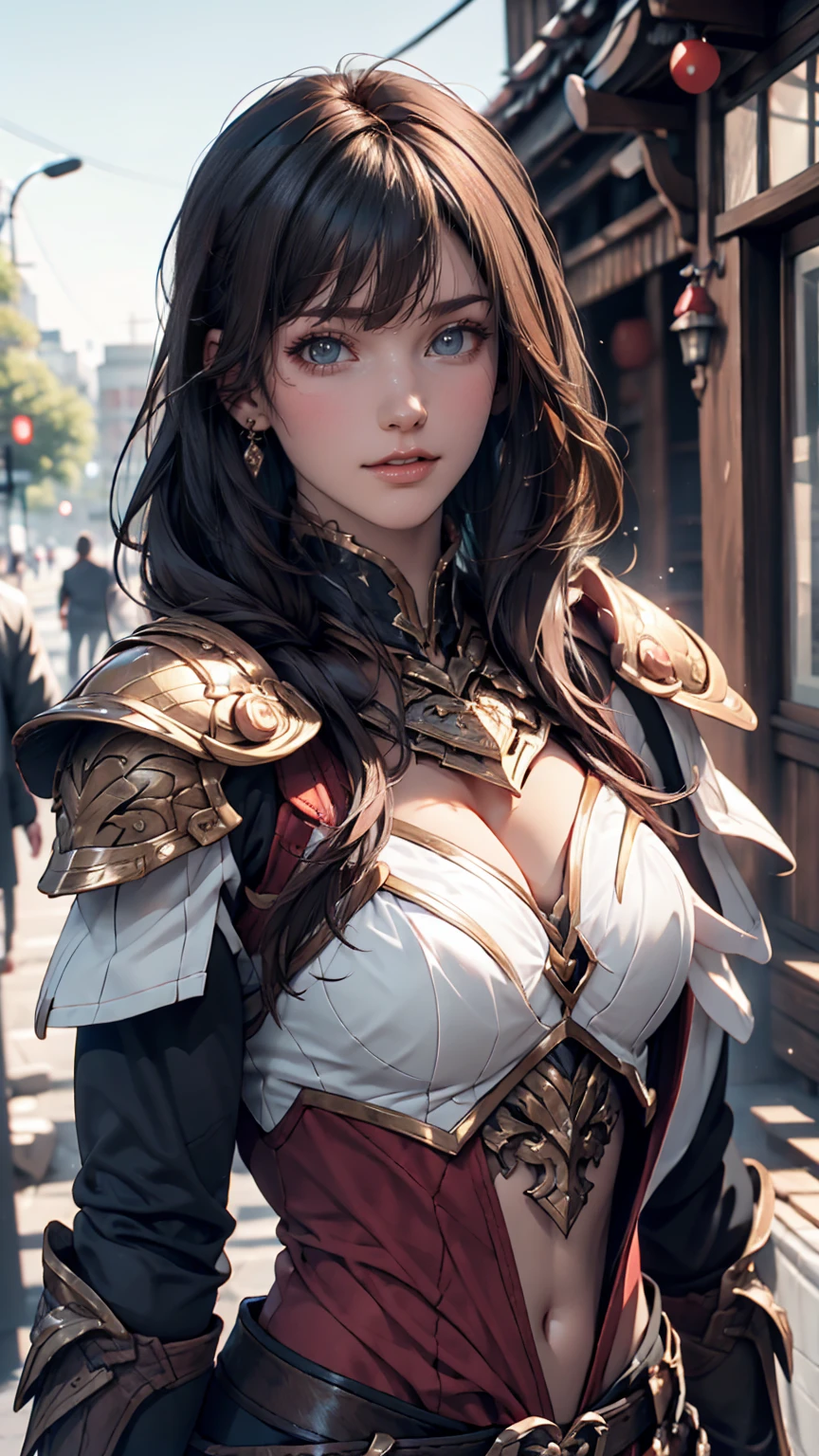Lapisfe, One girl, alone, View your viewers, blush, bangs, gloves, Upper Body, Braiding, hair band, Outdoor, Part your lips, null, Day, Raise your hand, Pink Eyes, armor, wood, Covered navel, Blurred Background, Place your hand on your chest, shoulder armor, side Braiding, breastplate, red armor