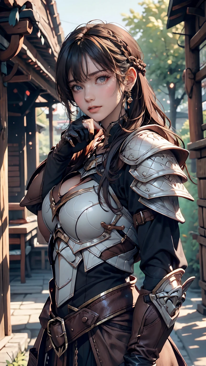 Warrior brunette, armor, medieval fantasy, D&d, RPG, ultra realistic, ultra detailed, best quality, 8k, wallpaper, steel breastplate, steel gauntlets, steel gloves, sitting, short skirt, green skirt, tiny panties, tight panties, white panties, panty view, upskirt, cameltoe, pantyshot, RAW,