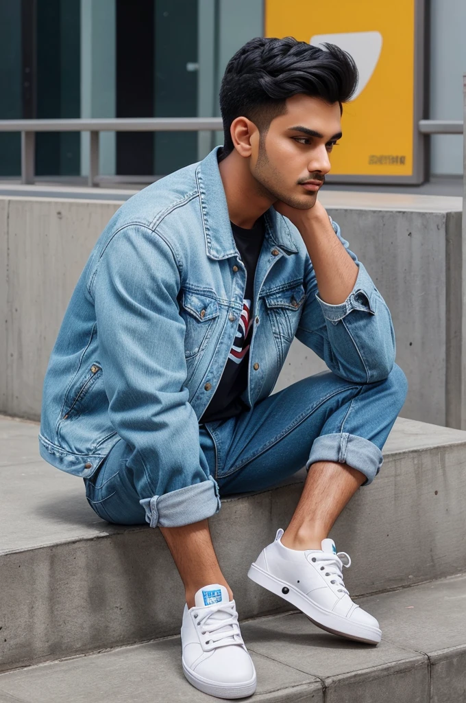 Create a 3D illustration of an animated character sitting casually on top of social media logo "Instragram" . The character must wear casual modern clothing such as jeans jacket sneakers shoes. The background of the image is a social media profile page with username "Aditya_Rajput5203" and a profile picture that matches animated character