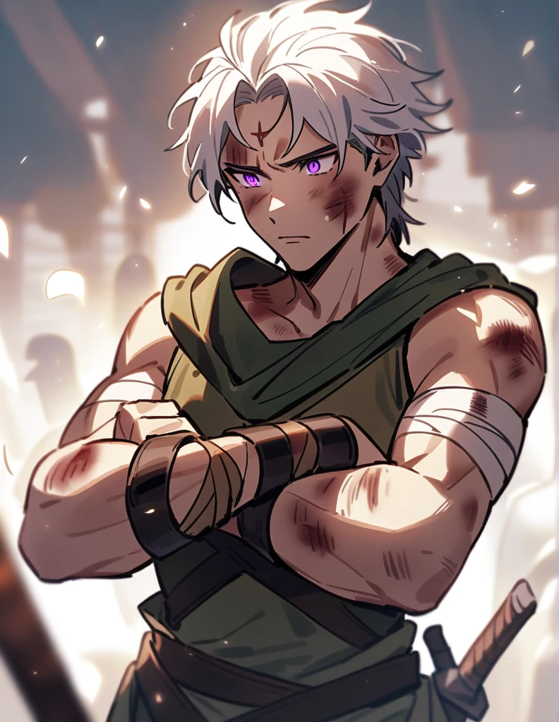 young Greek warrior with long white hair, with violet eyes, with one of his arms bandaged, with his face badly bruised and bleeding from his forehead, like wounds on his body, standing and still willing to fight