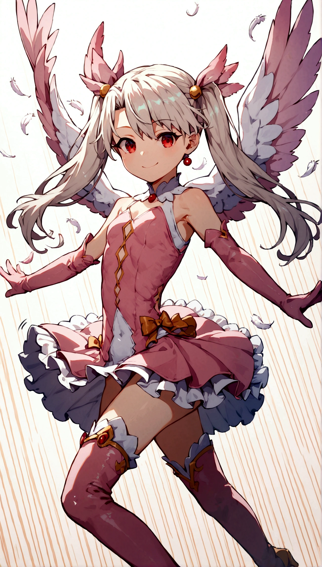 (score_9,score_8_up,score_7_up),masterpiece,best quality,extremely detailed,(cowboy shot),looking at viewer,1girl,li,illyasviel von einzbern,fate \(series\),white hair,red eyes,long hair,twin tails,hair ornament,feathers,pink dress,elbow gloves,magic girl,pink thigh Boots,standing,simple background,white background,smile,mansion,((flying)),((dynamic angle,speed line,motion lines)),
